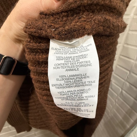 J Crew Lambswool Shawl Cardigan Mens L Brown Leather Elbow Patches Dark Academia - Picture 6 of 10